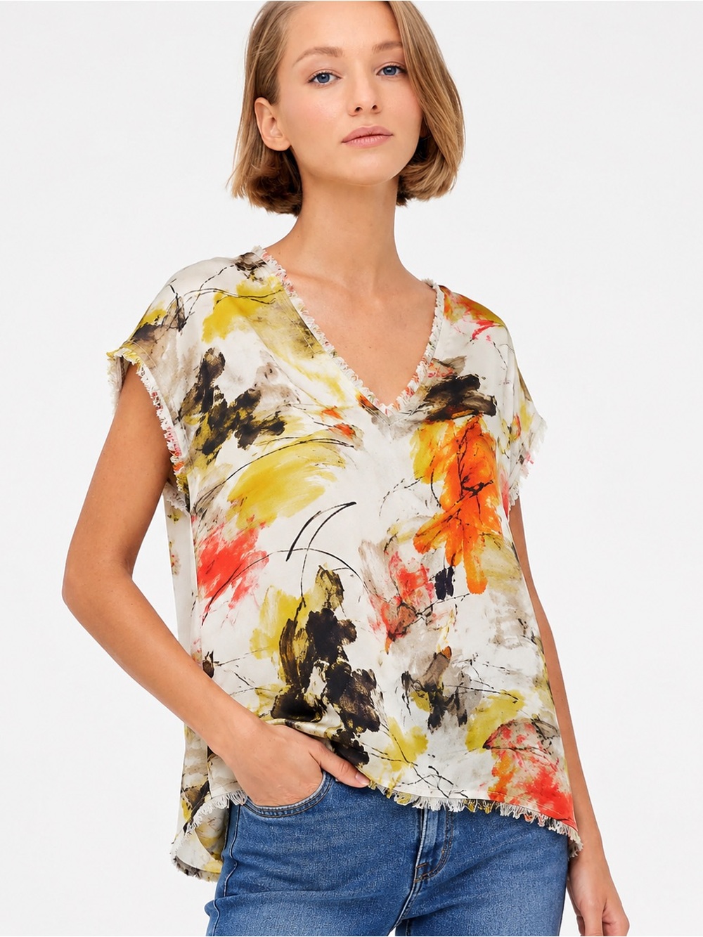 GO by GoSilk 100% Silk Raw Revisited Tee Abstract Print Top Women Size S
